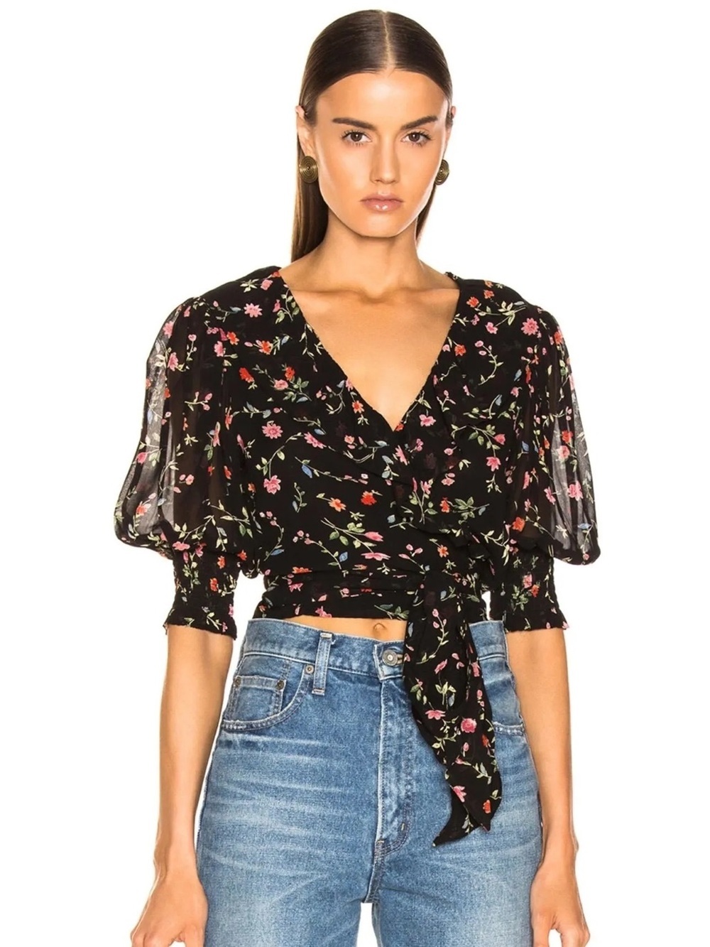 Ganni Elm Floral Print Georgette Wrap Blouse Size 36